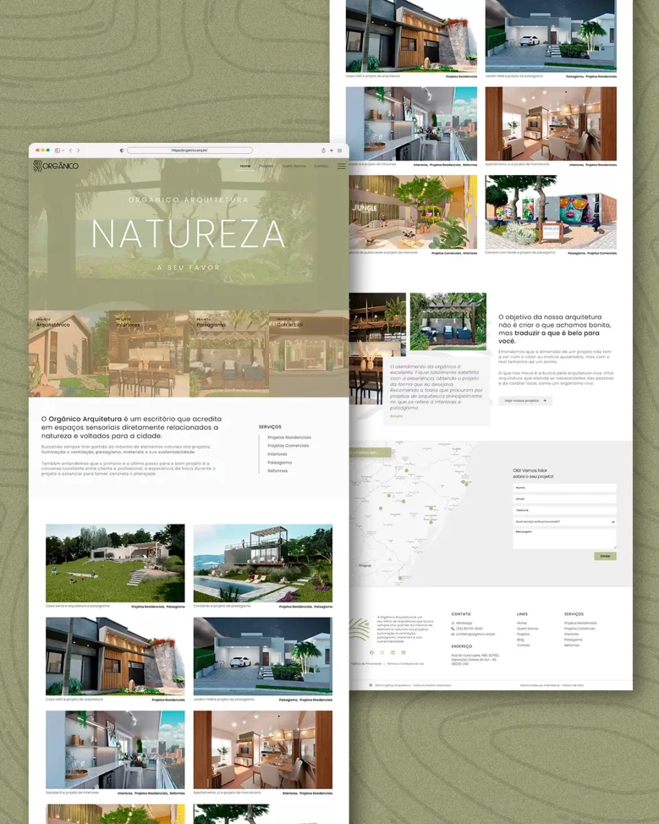 Página inicial apresenta a oferta de valor da empresa e seus principais serviços. E logo abaixo lista os projetos mais recentes seguidos de uma prova social e mapa interativo com os pontos já atendidos pela empresa.