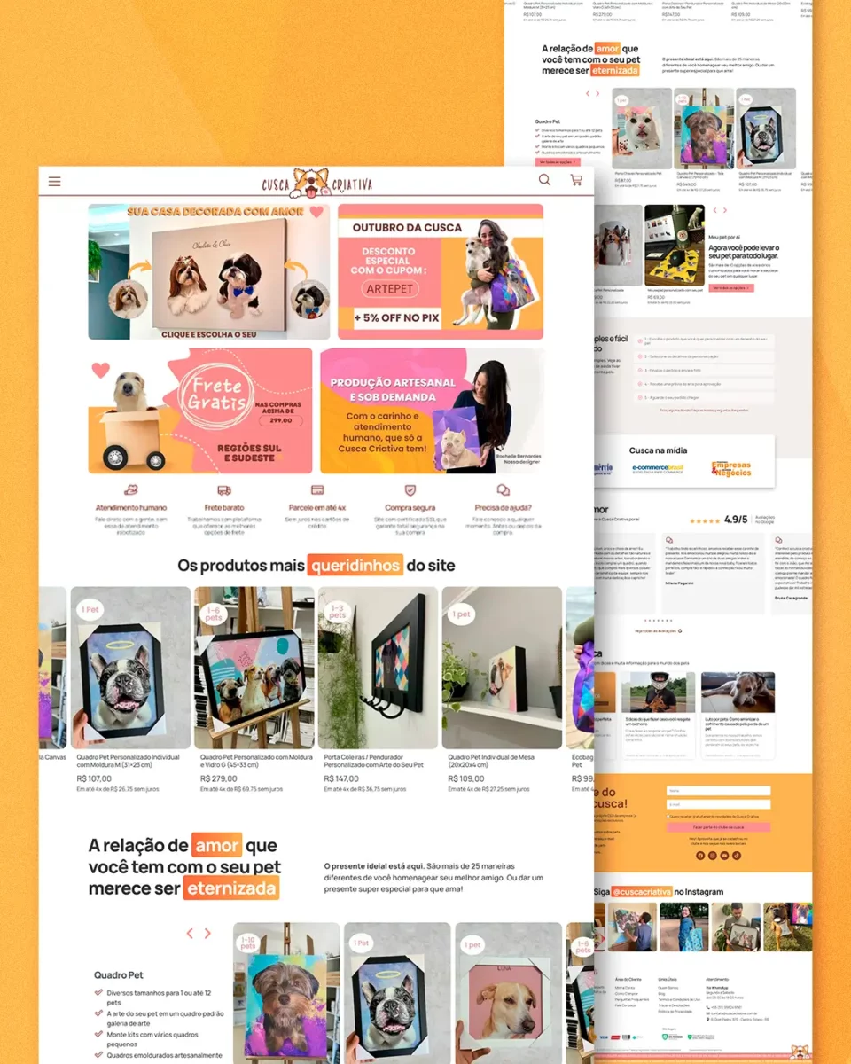 Página inicial com mosaico de banners, carrossel de produtos, depoimentos, perguntas frequentes, blog e muito mais...